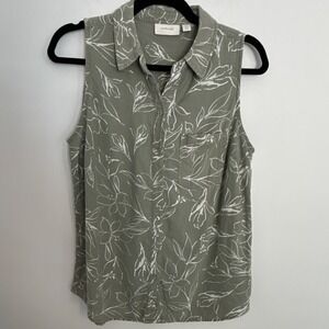 ecothreads Green Floral Linen Rayon Sleeveless Button-Up Shirt S Women's